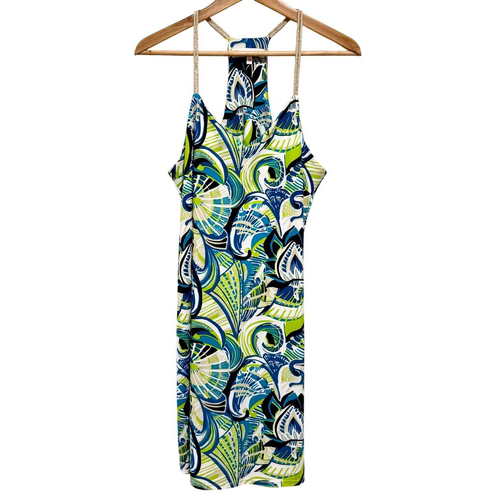 Jude Connally Halter Dress L Blue Green Print Stretch Made in USA Summer Resort
